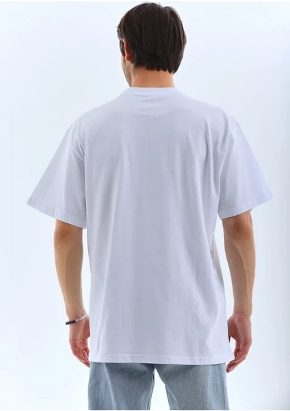 Unisex Oversize Taşlı Bisiklet Yaka T-Shirt - Beyaz fiyatları