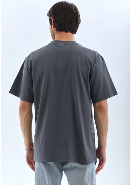 Unisex Oversize Taşlı Bisiklet Yaka T-Shirt - Füme fiyatları