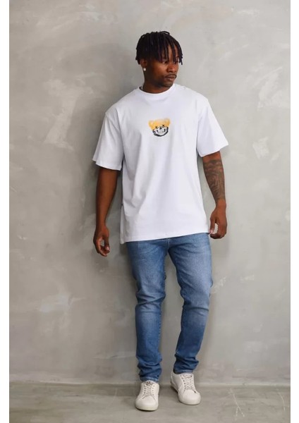 Unisex Baskılı Oversize T-Shirt - Beyaz fırsatları
