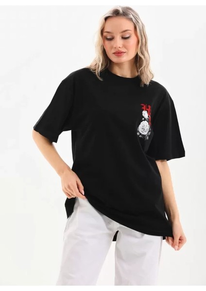 Unisex Baskılı Oversize T-Shirt - Siyah fırsatları