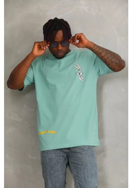 Unisex Oversize Baskılı Bisiklet Yaka T-Shirt - Mint Yeşili fiyatları