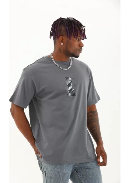 Unisex Oversize Baskılı Bisiklet Yaka T-Shirt - Füme fiyatları