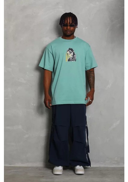 Unisex Oversize Baskılı Bisiklet Yaka T-Shirt - Mint Yeşili modelleri