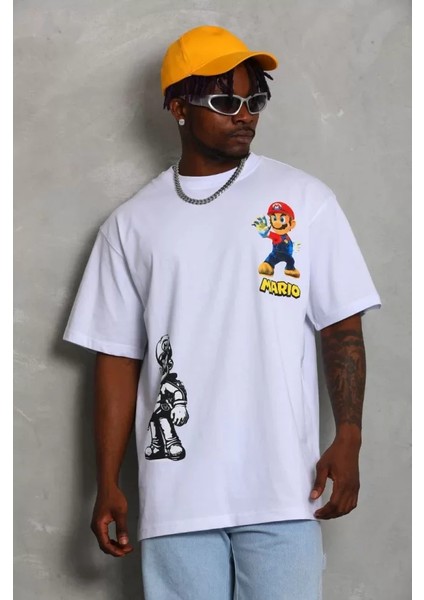 Unisex Oversize Baskılı Bisiklet Yaka T-Shirt - Beyaz modelleri