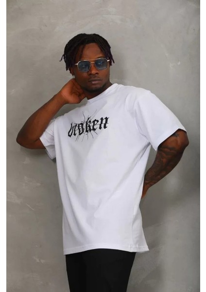 Unisex Oversize Baskılı Bisiklet Yaka T-Shirt - Beyaz fiyatları
