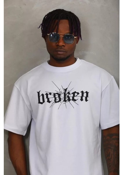 Unisex Oversize Baskılı Bisiklet Yaka T-Shirt - Beyaz modelleri
