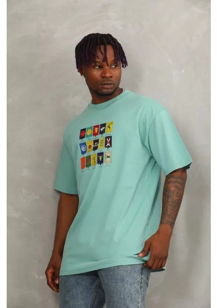 Unisex Oversize Baskılı Bisiklet Yaka T-Shirt - Mint Yeşili