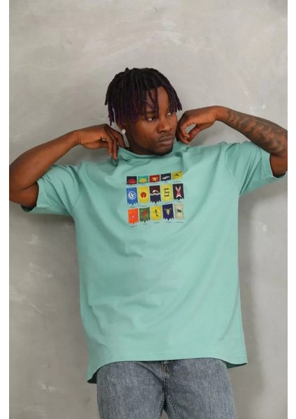 Unisex Oversize Baskılı Bisiklet Yaka T-Shirt - Mint Yeşili fiyatları
