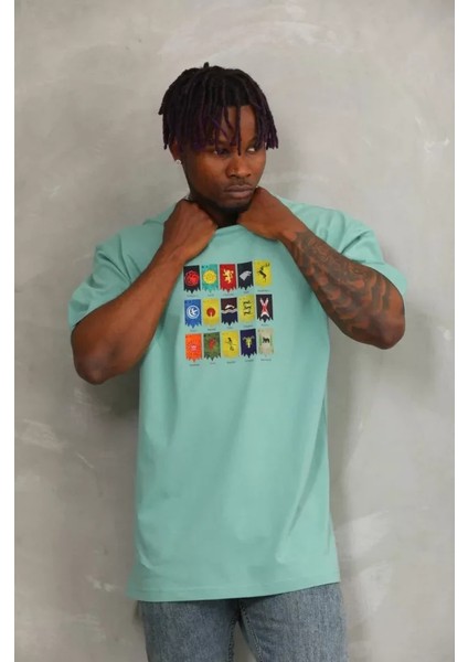 Unisex Oversize Baskılı Bisiklet Yaka T-Shirt - Mint Yeşili modelleri