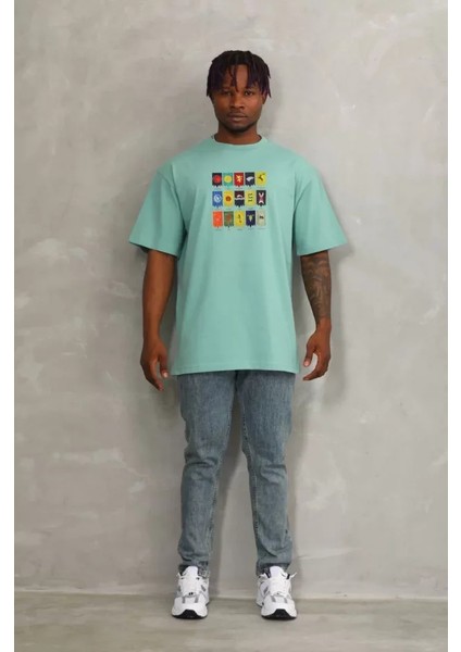 Unisex Oversize Baskılı Bisiklet Yaka T-Shirt - Mint Yeşili fırsatları