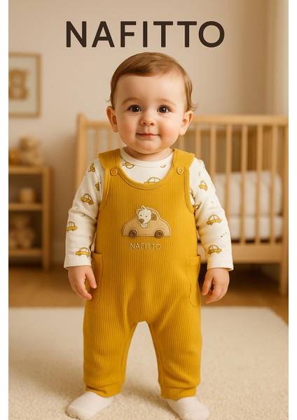 Araba Nakışlı Erkek Bebek Tulum 3’lü Tulum Seti – Zıbın, Tulum ve Çorap | 3-6-9 Ay Bebek Kıyafeti