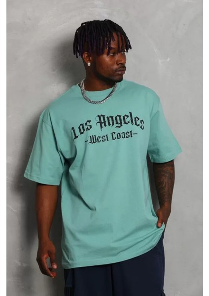 Unisex Oversize Baskılı Bisiklet Yaka T-Shirt - Mint Yeşili modelleri