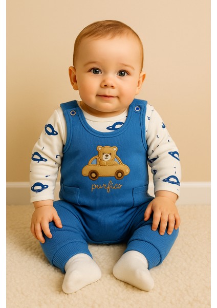 Araba Nakışlı Erkek Bebek Tulum 3’lü Tulum Seti – Zıbın, Tulum ve Çorap | 3-6-9 Ay Bebek Kıyafeti