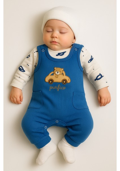 Araba Nakışlı Erkek Bebek Tulum 3’lü Tulum Seti – Zıbın, Tulum ve Çorap | 3-6-9 Ay Bebek Kıyafeti