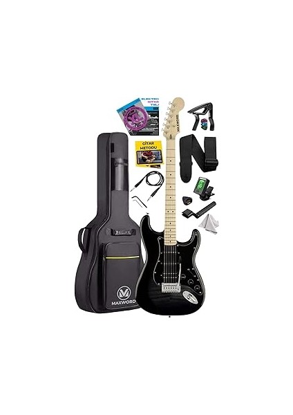 Maxword MAP-45BK Siyah Elektro Gitar Seti Hss Mayetik Maple Klavye Strat Kasa