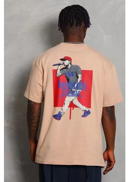 Unisex Oversize Baskılı Bisiklet Yaka T-Shirt - Bej fırsatları