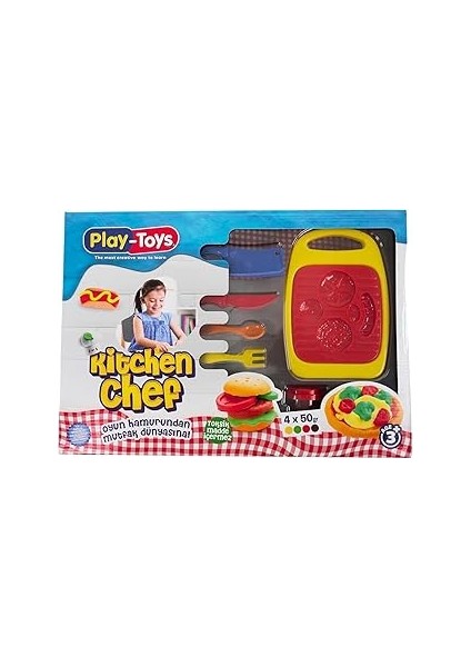 Playtoys Kitchen Set Oyun Hamuru Seti, 4 Renkli X50GR Oyun Hamuru, 5 Farklı Aksesuar ve 3 Farklı Ka