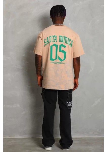 Unisex Oversize Baskılı Bisiklet Yaka T-Shirt - Bej fiyatları