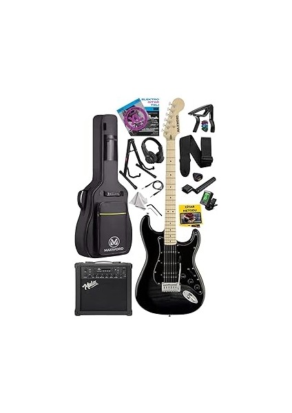Maxword MAP-45BK-25AMP 25W Şarjlı Bt Amfili Siyah Elektro Gitar Seti Hss Mayetik Maple Klavye Strat