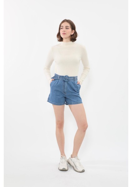 Kadın Yüksek Bel Geniş Kesim Jean Şort fiyatları