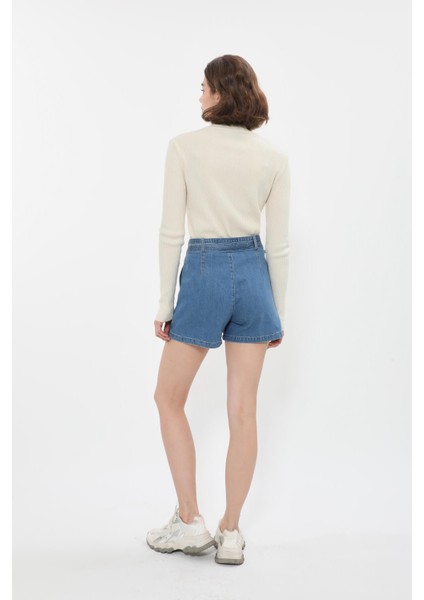 Kadın Yüksek Bel Geniş Kesim Jean Şort indirimleri