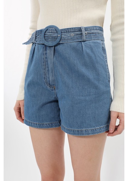 Kadın Yüksek Bel Geniş Kesim Jean Şort