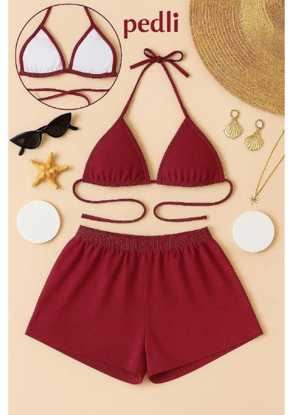 Kadın Bordo Şortlu Belden ve Boyundan Bağlamalı Bikini Takımı