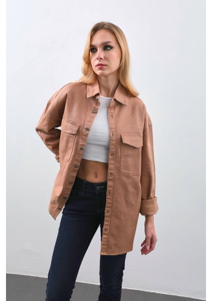 Kadın Oversize Jean Gömlek Bej fiyatları