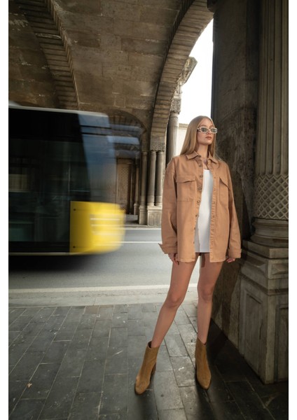 Kadın Oversize Jean Gömlek Bej modelleri