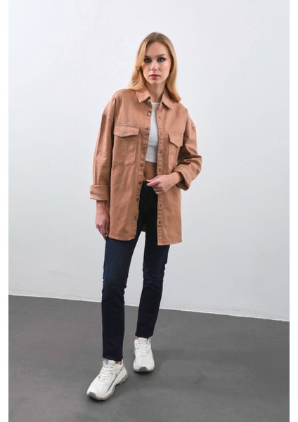 Kadın Oversize Jean Gömlek Bej