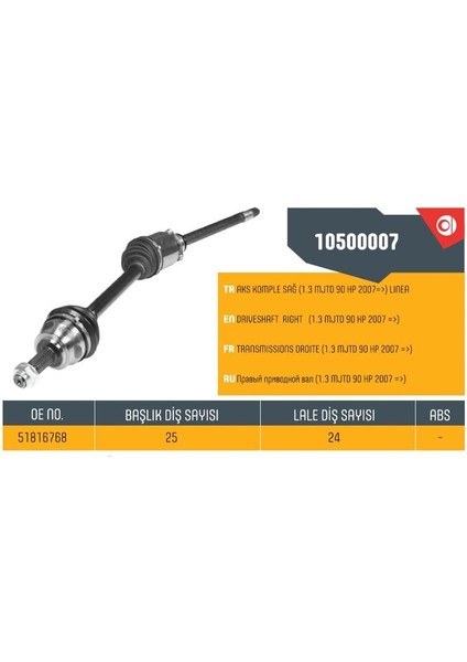 10500007 - Aks Sağ Komple Lınea 1.3 Mtj 90HP 07> Dış Freze 25-Iç Freze 24