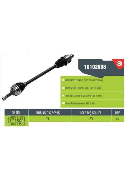 ANKA10102008 - Aks Sağ Komple Megane I 1.9 Dcı 2.0 8V F3R Absli Iç Freze 23-Dıs Freze 23-Uzunluk 748-ABS Halka Sayısı 44