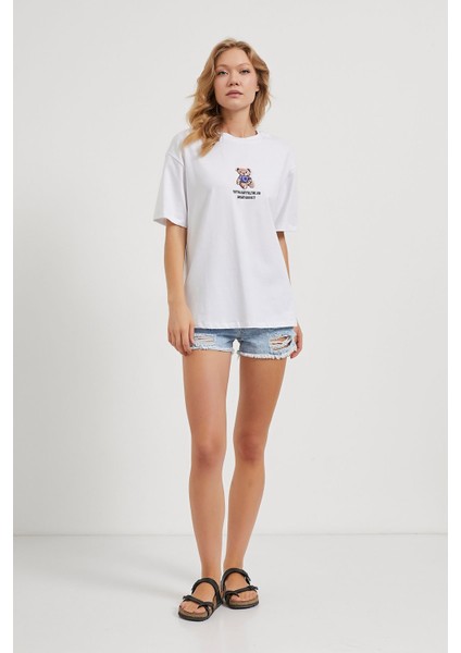 Armalıfe 6201 Ayıcık Nakışlı Bisiklet Yaka Rahat Kalıp Kadın T-Shırt modelleri