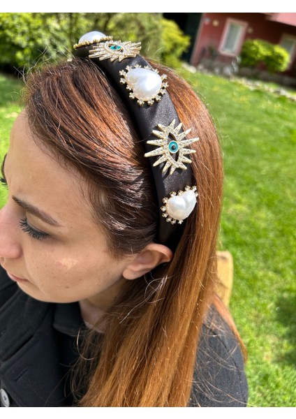 Abiye Kadın Mezuniyet Kına Saten Taşlı Ithal Parlak Inci Siyah Şık Taç Saç Aksesuarı