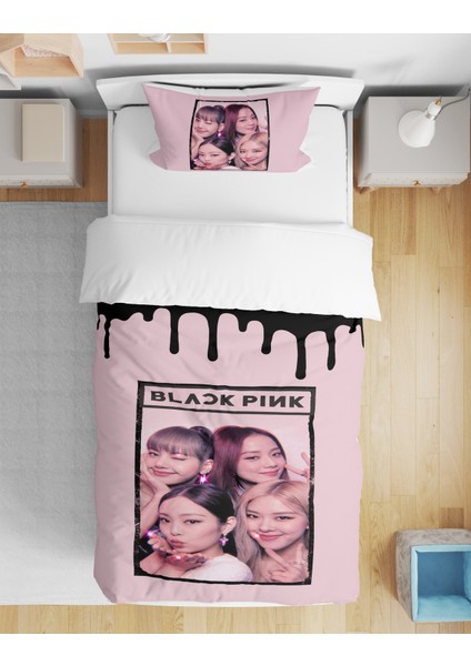 Black Pink 3D Dijital Baskılı Tek Kişilik Çarşafsız Genç Kız Çocuk Nevresim Takımı
