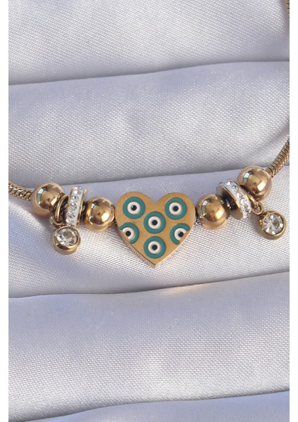 316L Çelik Gold Renk Zirkon Taşlı Nazarlı Kalp Tasarımlı Bileklik fiyatları