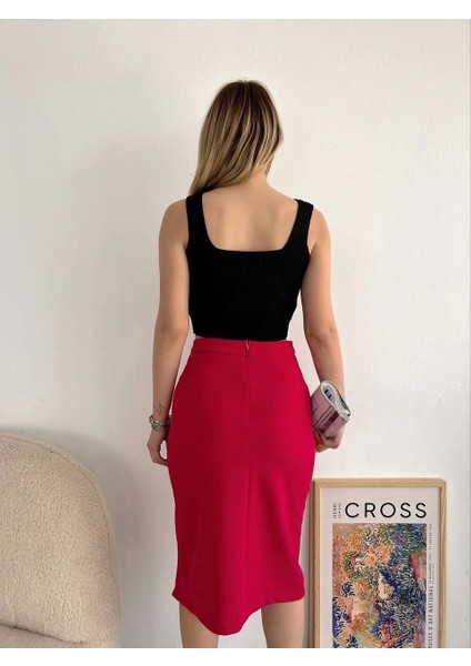 Yırtmaçlı Esnek Kumaş Midi Boy Etek Koyu Kırmızı fiyatları