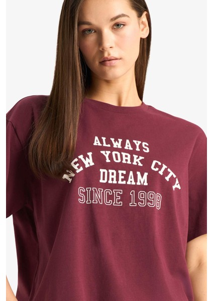 Oversize Geniş Kalıp Bisiklet Yaka Baskılı Kısa Kollu Tişört E9741AX25AU