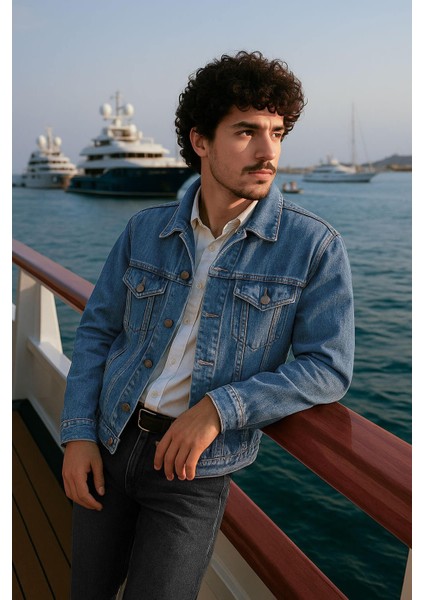 Erkek Düğmeli Regular Fit Jean Ceket Mavi