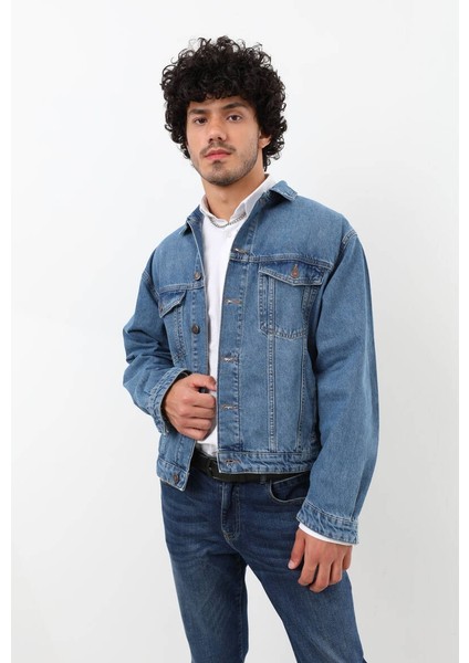 Erkek Düğmeli Regular Fit Jean Ceket Mavi