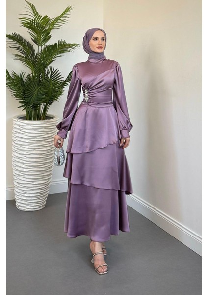 Simera Taşlı Kat Kat Abiye Lila