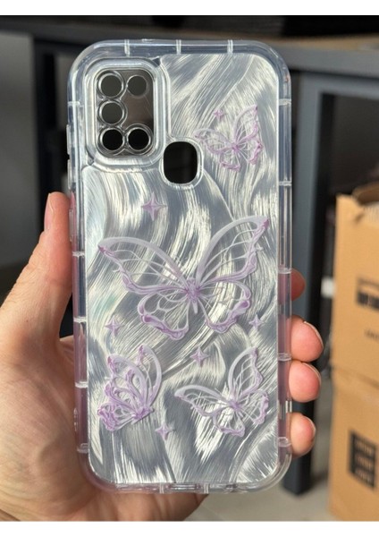 Samsung Galaxy A21S Kılıf Sök Tak Kamera Korumalı Parlak Hologramlı Kelebek Desenli Darbe Emici
