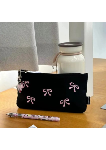 Yeni Tuval Sevimli Işlemeli Çanta Bowknot Kare Şekil Kozmetik Çantası Güzel Baskı Kalem Casecolor: 01 Siyah (Yurt Dışından)