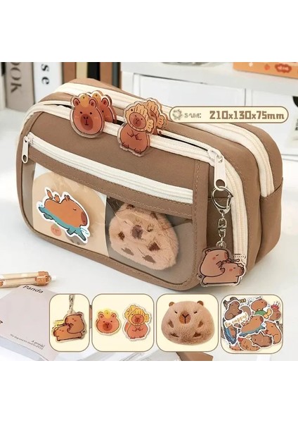 Büyük Kapasiteli Kalem Çantası Capya Çizgi Film Broşları ile Broşlar ile Tuval Kırtasiye Tutucu Çanta Klipler Anahtarlıklar Çocuk Kalem Casecolor: Siyah Temel Set (Yurt Dışından)