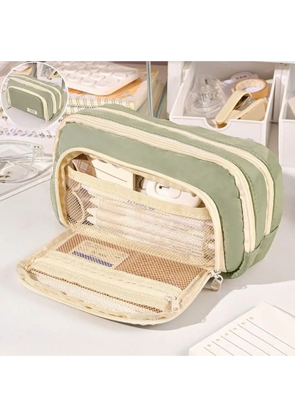 Çok Amaçlı Büyük Kapasiteli Çok Katmanlı Kalem Çantası Kasa Basit Öğrenci Kırtasiye Makyaj Masası Organizatör Depolama Okul Malzemeleri Renk: Yeşil (Yurt Dışından)