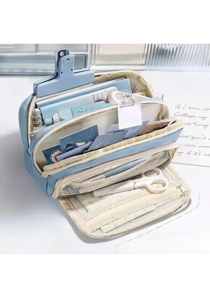 3 Katmanlar Büyük Kapasiteli Kalem Torbası Estetik Kalem Kasa Büyük Kırtasiye Çantası Fermuarlı Kalem Çantası Çocuklar Kalem Çantası Okul Malzemeleri Renk: Mavi (Yurt Dışından)