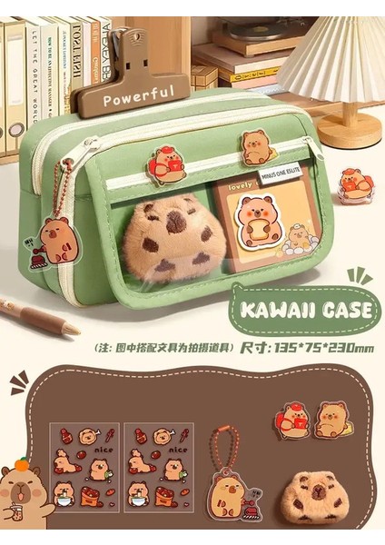 Büyük Kapasiteli Kalem Çantası Capya Çizgi Film Broşlar ile Broşlar ile Tuval Kırtasiye Tutucu Çanta Klipler Anahtarlıklar Çocuklar Kalem Kasa: Yeşil Temel Set (Yurt Dışından)