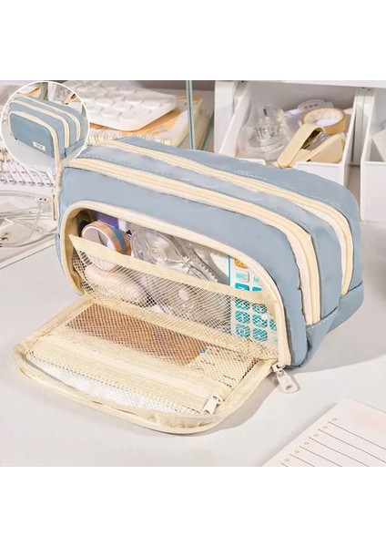 Çok Amaçlı Büyük Kapasiteli Çok Katmanlı Kalem Çantası Kasa Basit Öğrenci Kırtasiye Makyaj Masası Organizatör Depolama Okul Malzemeleri Renk: Mavi (Yurt Dışından)