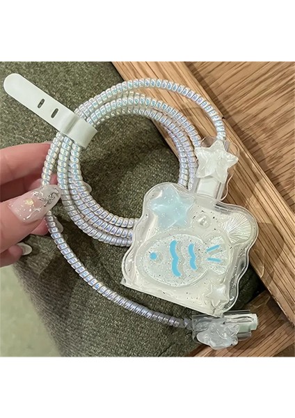 18W/20W Apple iPhone Uyumlu Incili Mavi Balık Şarj Aleti Koruyucu Şarj Kablosu Örme Aparatlı Koruyucu Toparlayıcı