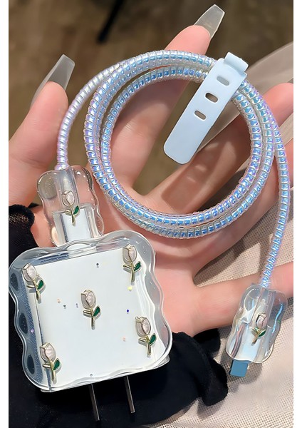 18W/20W Apple iPhone Uyumlu Lale Desenli Şarj Aleti Koruyucu Şarj Kablosu Örme Aparatlı Koruyucu Toparlayıcı